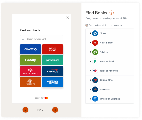 Live preview of the Find Banks screen beside a drag-to-reorder institution list